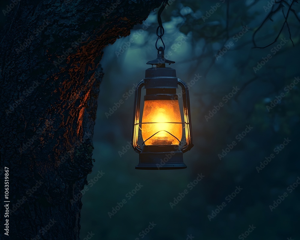 Poster a glowing lantern hanging from an old tree in the darkness symbolizing light guiding the way through