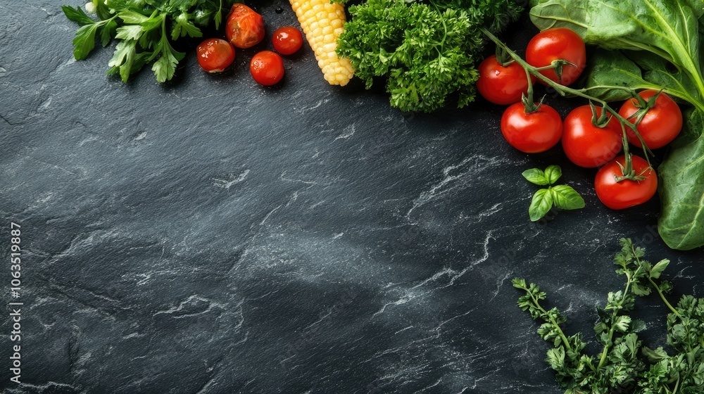 Poster fresh vegetables and herbs arranged on a black stone background create a vibrant display, perfect fo