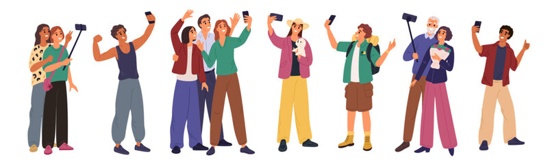 Fototapeta premium People take selfies. Friends groups. Couples making photos. Tourist or athlete taking photography of themselves with phones front camera. Persons shooting snapshots. Garish vector set