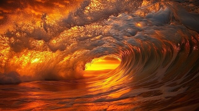 A powerful ocean wave crashes in a sea filled with vibrant sunset colors, creating a stunning visual. This ocean scene captures the strength and beauty of nature, with ample photo space.