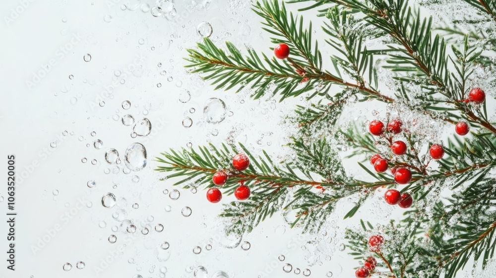 Poster green spruce branch adorned with prisms and red berries against a white background filled with bubbl