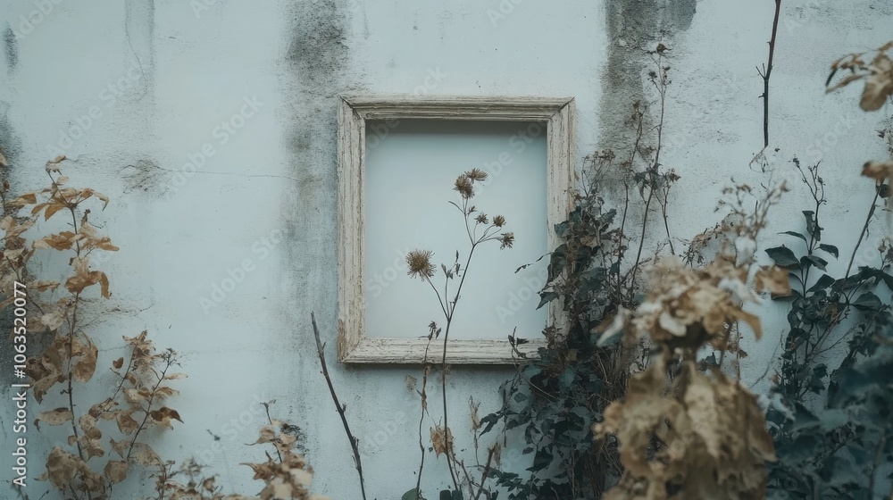 Poster a close-up of a white wall presents a tiny frame of dried flowers set against a backdrop of both dry