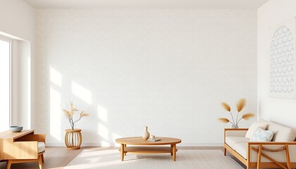 A minimalist, serene living room with a subtle geometric patterned wallpaper, featuring intricate, repeating shapes in a soothing color palette of pale blues and creamy whites.