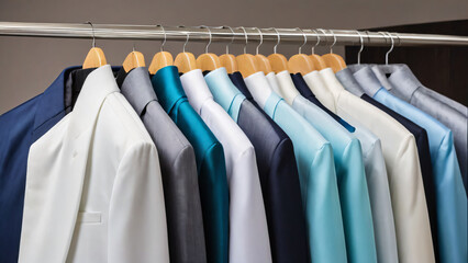 Fototapeta premium Elegant Men's Suits Hanging on Wooden Hangers