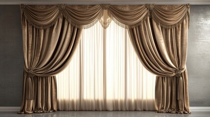 Elegant velvet curtains made from luxurious fabric create a stunning atmosphere. These sophisticated velvet curtains offer a perfect touch of elegance and charm, with ample copy space.
