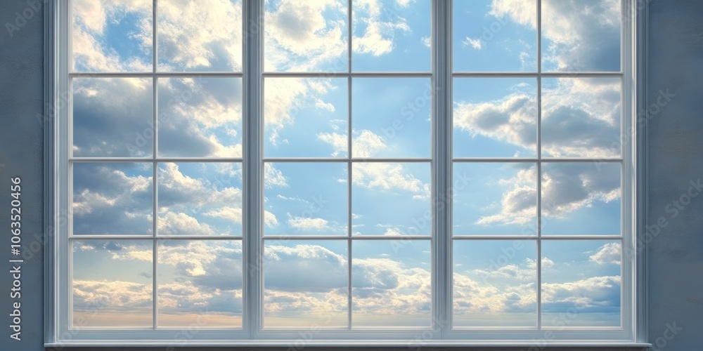 Poster a peaceful view from a window features a sky filled with clouds, creating a serene and calming atmos