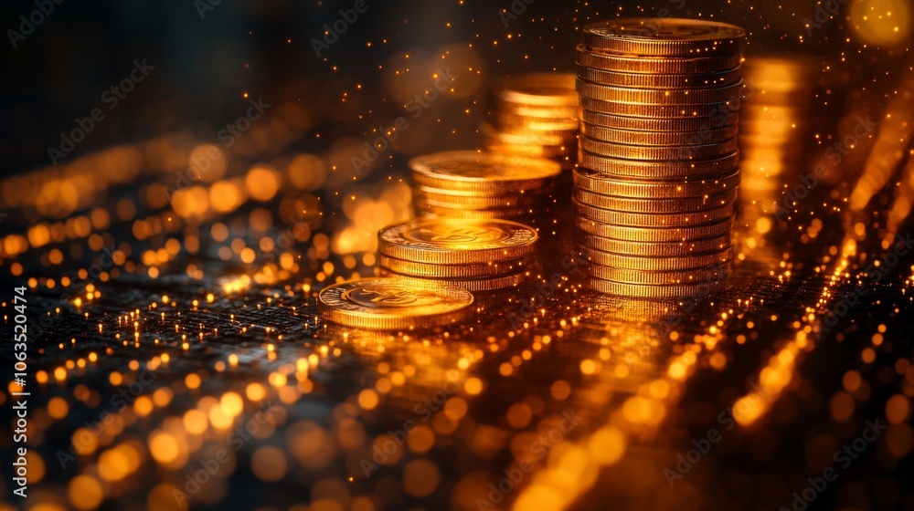 Fototapete Glimmering coins are stacked neatly on a shiny surface, illuminated by warm light particles that create a captivating nighttime ambiance.