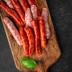 sausage raw meat beef, pork, chicken, lamb, dish fresh  gourmet food background on the table rustic...