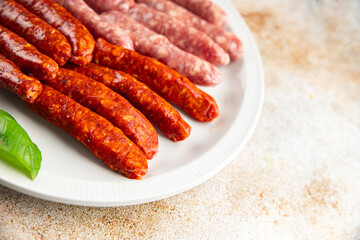 sausage raw meat beef, pork, chicken, lamb, dish fresh  gourmet food background on the table rustic food top view copy space