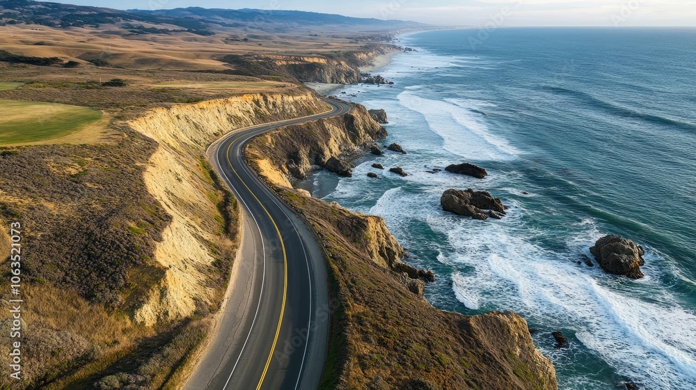 Poster aerial perspective of a deserted highway bordered by ocean waves and rugged cliffs. this highway sce