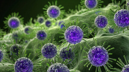 Close-up of Blue Viruses on a Dark Background