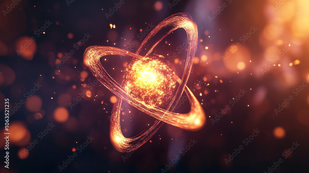 Poster abstract atom model is glowing with energy with orbiting electrons on a dark background