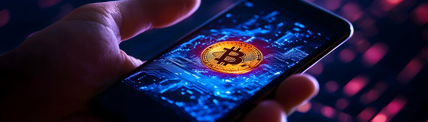 Bitcoin Cryptocurrency on Smartphone, Blockchain, Digital Currency, Finance, Technology, Mobile Phone