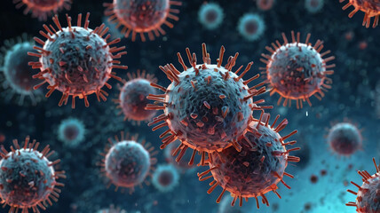 Close-up of Blue Viruses on a Dark Background