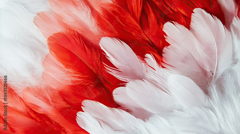 Poster blurry close-up of a background filled with white and red feathers, creating a soft and textured app