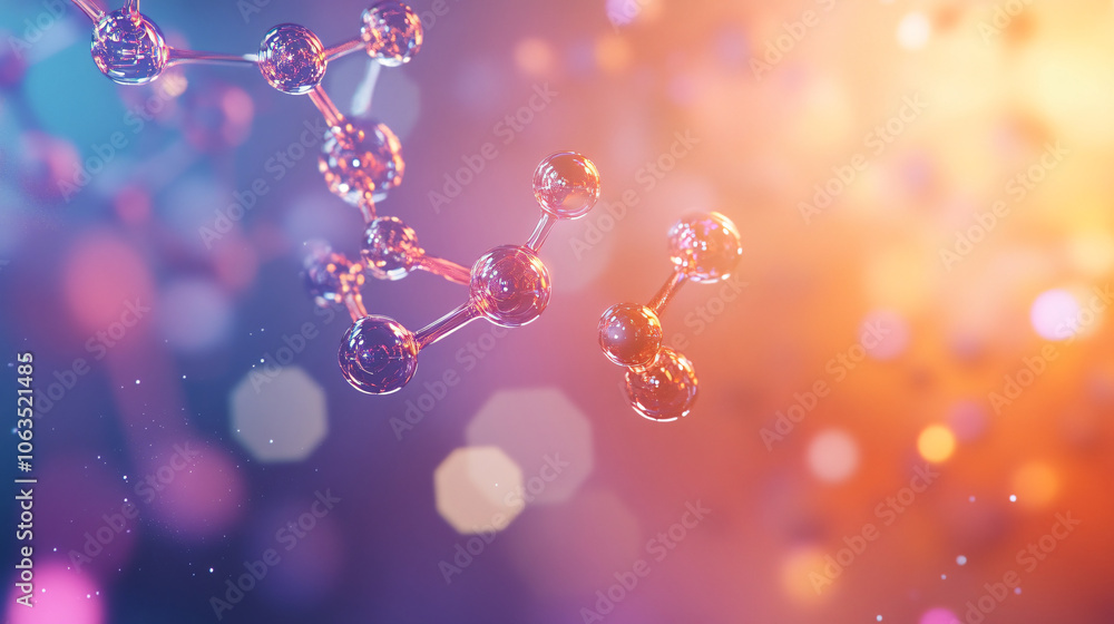 Fototapete 3d illustration of molecule structure with bright orange light source floating over a blurred backgr
