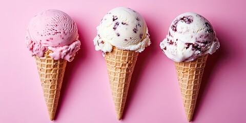A birds eye view presents three distinct ice cream cones against a pink backdrop, each featuring its own unique design. The variety in designs is clearly visible.