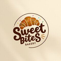 Fototapeta premium A whimsical logo for Sweet Bites Bakery featuring a stylized, golden-brown pastry, possibly a croissant or cupcake, adorned with colorful sprinkles generated With AI Image
