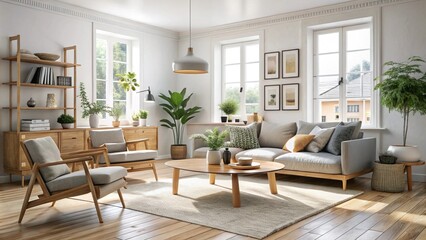 Fototapeta premium Scandinavian living room with white walls and wooden furniture