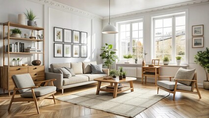 Fototapeta premium Scandinavian living room with white walls and wooden furniture