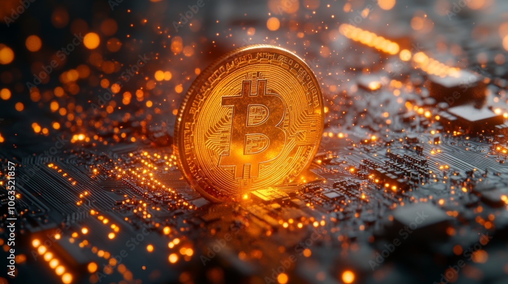 Poster the bitcoin coin is illuminated on a circuit board, surrounded by vibrant sparks. this representatio