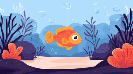 Naklejka premium A colorful cartoon goldfish swims peacefully through underwater plants and corals in a vibrant aquatic scene.