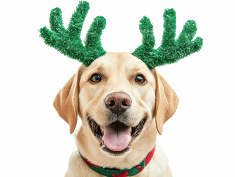 Happy dog wearing green reindeer antlers sitting on a white background. PNG isolated transparent.