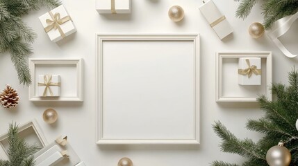 White wooden frame designed with square and round elements for displaying handmade crafts. Ideal for winter festive home decorations, offering a charming touch and ample copy space.