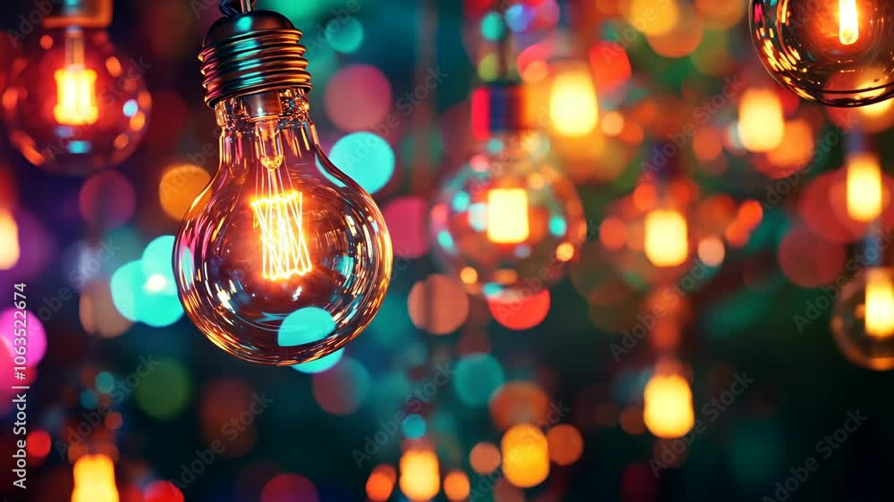 Poster a close-up of a lit lightbulb hanging among a string of other bulbs, creating a warm and inviting at