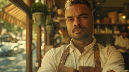 A barber in a leather apron sits confidently by a sunlit window, holding a digital tablet, with a warm glow highlighting the rustic shop interior.