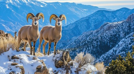 Naklejka premium Mountain sheep stand majestically against snowy peaks in this high-quality photo, capturing the essence of wilderness. Ideal for nature enthusiasts, with ample copy space.