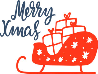 Merry Christmas lettering with Christmas sleigh