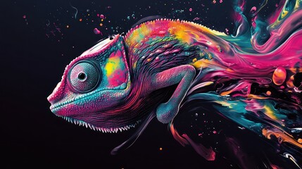 A vibrant chameleon with colorful liquid trailing behind it against a dark background.