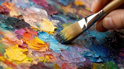 Obraz premium A close-up of a painters hand gripping a paintbrush, passionately crafting art in a moment of emotional solitude, with ample copy space for text or designs.