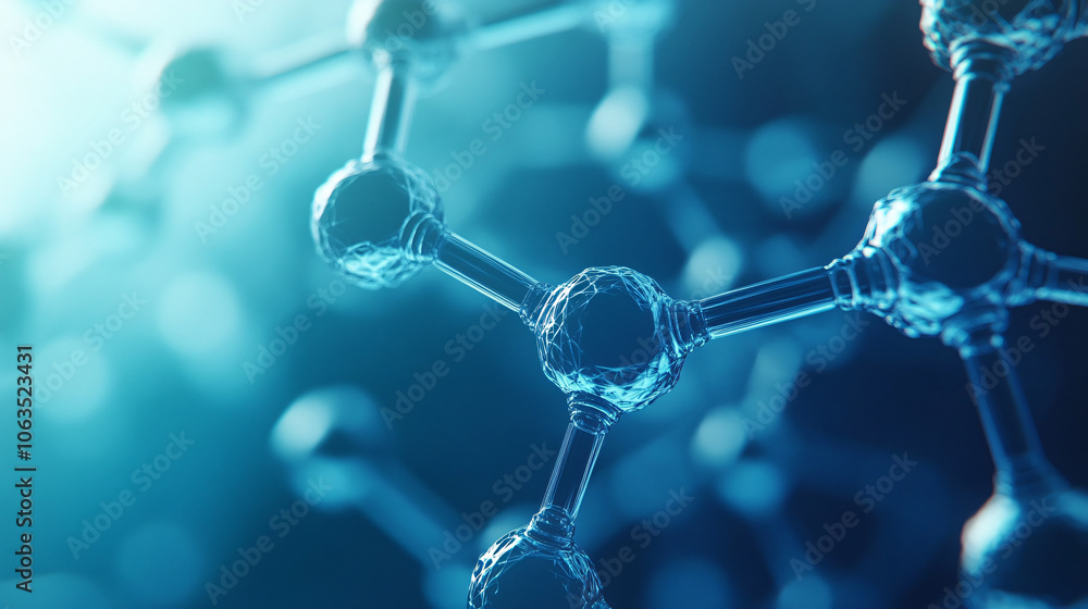 Fototapete Enchanting 3d rendering of a glass molecule structure elegantly merging with a striking blue backdrop, highlighting the exquisite wonders of science and technology