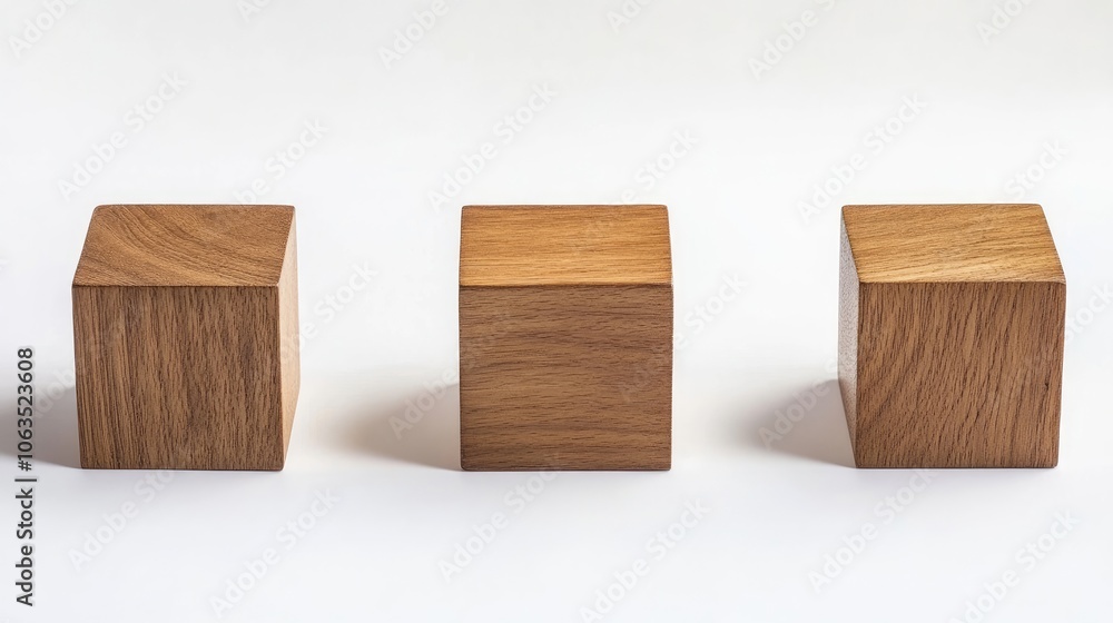 Poster empty wooden cubes on a white background create a minimalistic composition. these three blank boxes 