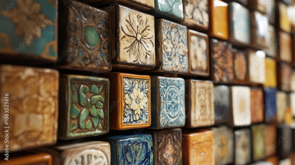 Poster ceramics displayed as a collection of many ceramic tiles beautifully stacked, captured in a close-up