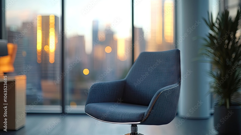 Poster an empty seat in a contemporary office setting highlights the modern design, complemented by a softe