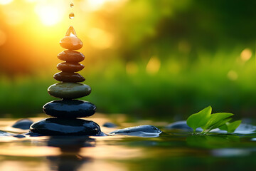 Obraz premium Stacked Stones in Water with Green Leaves, zen, meditation, relaxation, mindfulness, balance