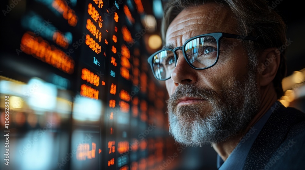 Poster a businessman with a beard and glasses intently studies the fluctuating stock prices displayed on a 