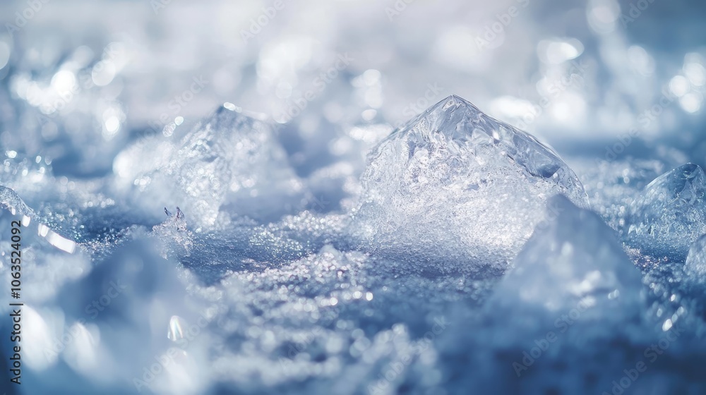 Poster close-up image of ice chunks resting on a frozen surface, capturing the intricate details of winter.