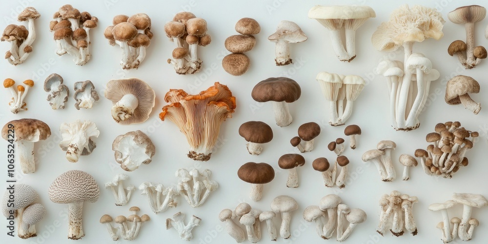 Poster an array of fresh, assorted mushrooms set against a white backdrop, showcasing a variety of culinary