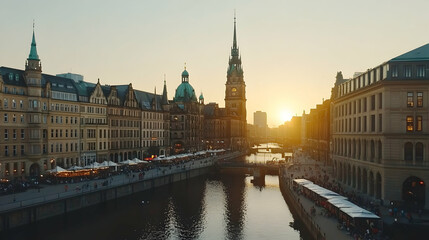 Fototapeta premium Hamburg, Germany, Cityscape with Sunset and Canal, river, buildings, architecture, old town, historic