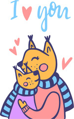 I love you quote with hugging squirrels. Vector lettering illustration