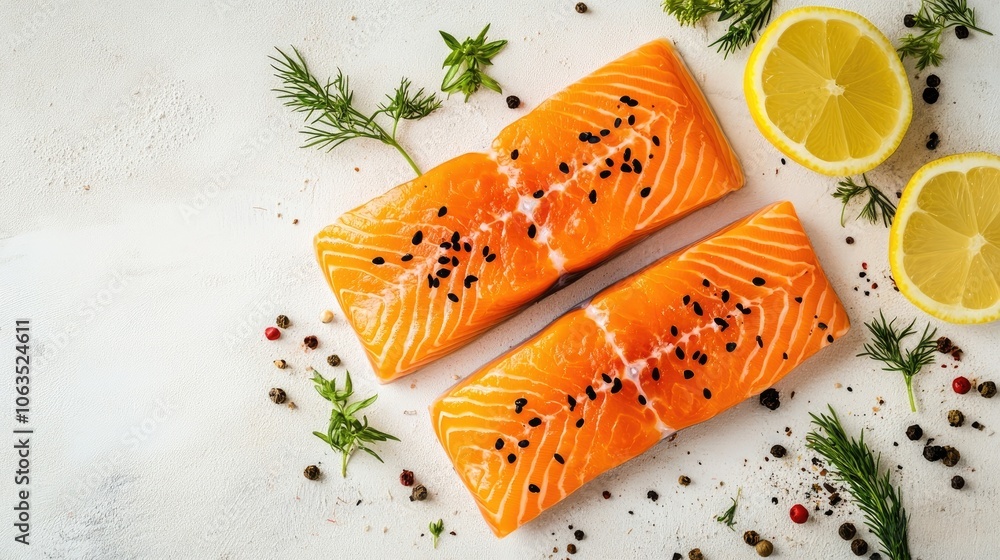Poster raw salmon fish displayed on a light background, with a top view perspective emphasizing the fresh s