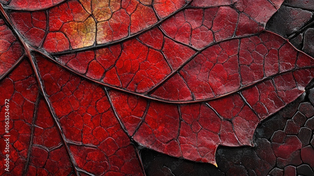 Poster closeup capture of a red autumn grape vine leaf, emphasizing its vibrant hues and intricate textures