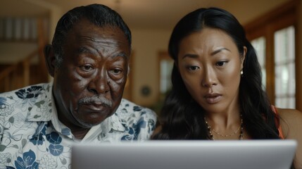 A concerned couple intently looking at a laptop screen, appearing thoughtful and focused.