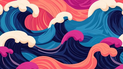 A vibrant, abstract representation of ocean waves, showcasing swirling patterns in shades of blue, purple, pink, and cream.