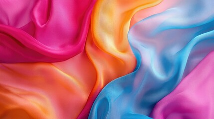 Obraz premium Flowing silk fabric in vibrant shades of pink, blue, and orange creates a stunning abstract background, perfect for adding a unique touch to your designs with ample copy space.