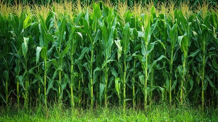 Obraz premium Vibrant green corn plants growing in a row, creating a lush landscape filled with bright green foliage. This image captures the essence of thriving corn plants in a natural setting.
